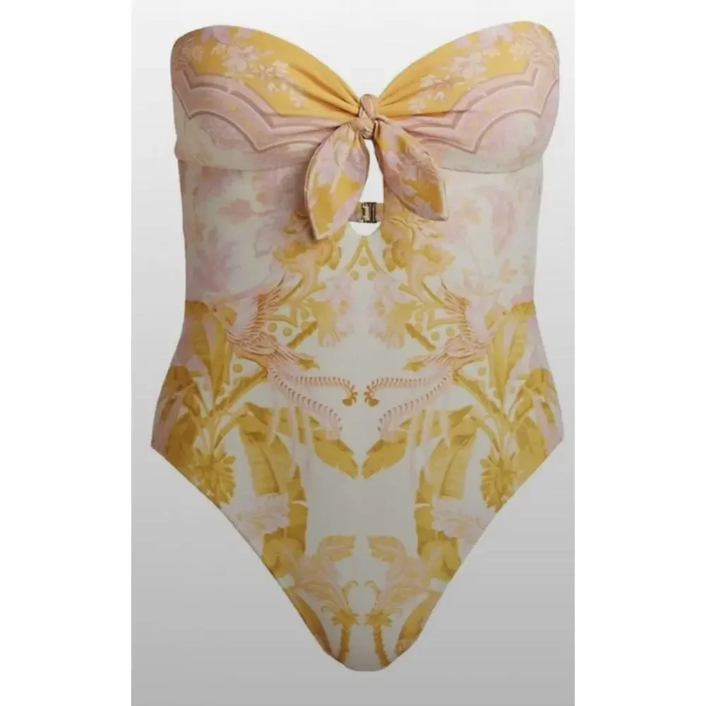 NWT Zimmermann Lyre Strapless Romantic One Piece Swimsuit Tie Front AU10, US 4-6